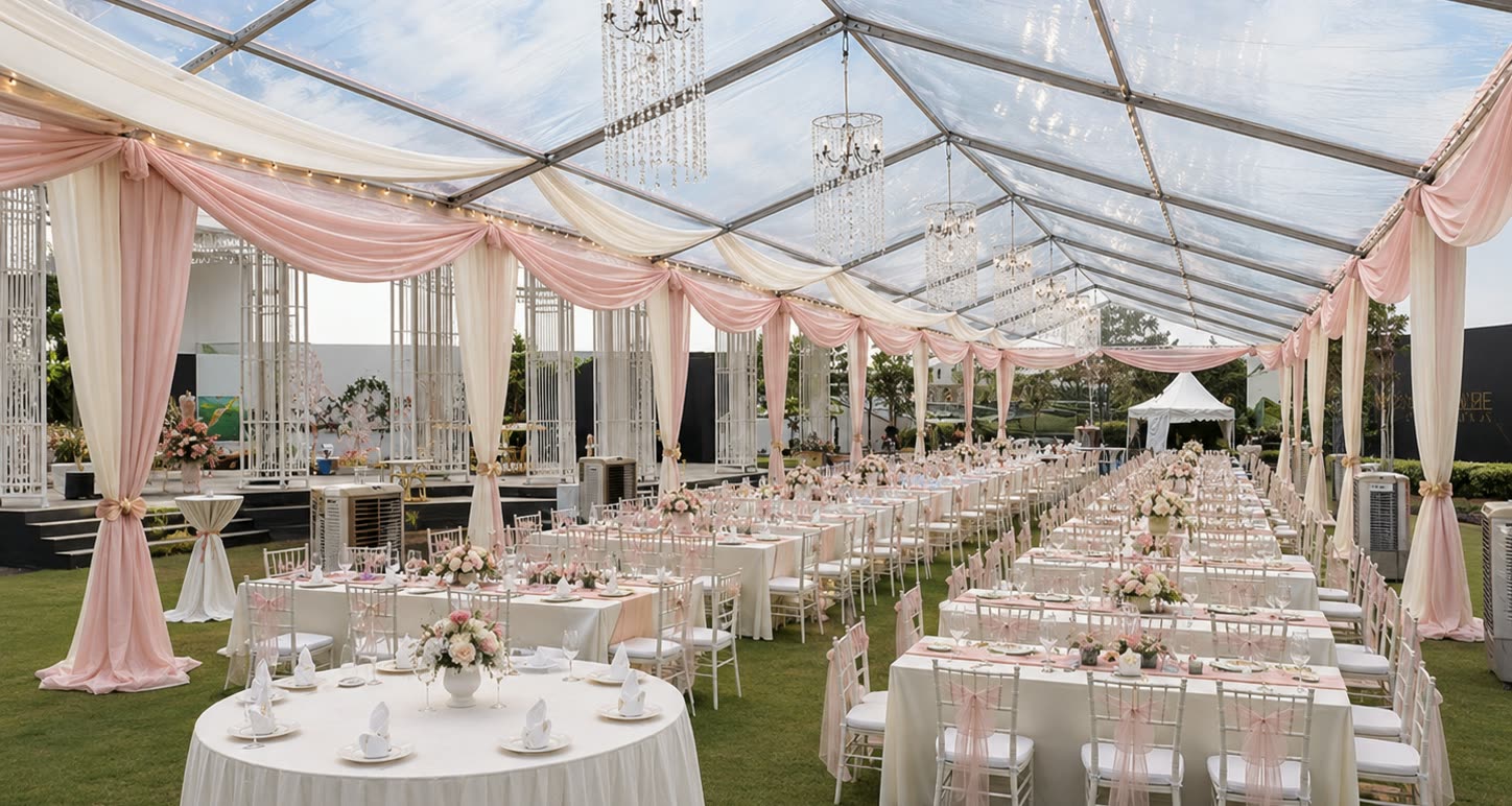 Blush and pearl clear roof marquee with chandeliers, banquet tables, stage and cooling units